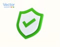 3d green shield icon with check mark, isolated on white background. Protection symbol, network safe and secured