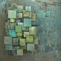 3d green square tile grunge pattern on blue grungy wall