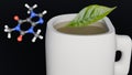 A 3d green tea leave with a white mug and caffein molecule Royalty Free Stock Photo