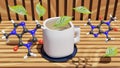 A 3d green tea leave with a white mug and caffein molecule Royalty Free Stock Photo
