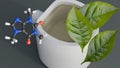 A 3d green tea leave with a white mug and caffein molecule Royalty Free Stock Photo