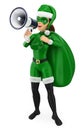 3D Green woman christmas superhero with a sack talking on a mega Royalty Free Stock Photo
