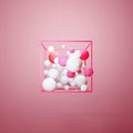3d group of colorful pastel spheres in pink wire cube. Abstract geometric background Royalty Free Stock Photo