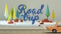 3d group of low poly stylized trees and calligraphy. Text `Road trip`