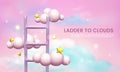 3D growth ladder. Dream clouds. Career level up. Job promotion. Step to success. Iridescent heaven background. Stairway Royalty Free Stock Photo