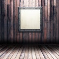 3D grunge wood interior with blank picture frame Royalty Free Stock Photo