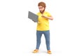 3d guy in casual clothing standing with laptop. Isolated. 3D Rendering