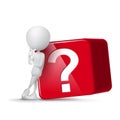 3d guy thinking in front of big question mark cube Royalty Free Stock Photo