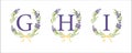 D H I letter. Set modern hand-drawn flat sketch illustrations. Lavender flower wreath with alphabet monogram. good idea