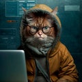 3D Hacker Cat in Hoodie Behind the Monitor ai generation