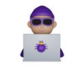 3D hacker icon, render cartoon male fraudster, cyber criminal character in glasses, internet thief.