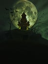 3D Halloween castle with bats in the sky Royalty Free Stock Photo