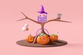 3d halloween day concept with flying witch hat, magic book, eye, magic cauldron pumpkin, tree dead, owl, ghost hand holding carved Royalty Free Stock Photo