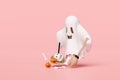 3d halloween day with cute ghost, witch wand, pumpkin, skull, shovel garbage isolated on pink background. holiday party, ghost