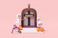 3d halloween holiday party with cute ghost, carved pumpkin, placed on the stairs, spider, old door, label welcome, owl, witch hat