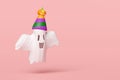 3d halloween holiday party with cute ghost flying, pumpkin, conical hat isolated on pink background. holiday party, 3d render