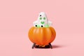 3d halloween holiday party with cute ghost, magic cauldron pumpkin, eye isolated on pink background. 3d render illustration