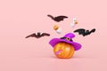 3d halloween holiday party with pumpkin stick out your tongue, witch hat, cute ghost hand holding pumpkin, bats isolated on pink Royalty Free Stock Photo