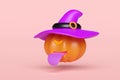 3d halloween holiday party with pumpkin stick out your tongue, witch hat isolated on pink background. 3d render illustration