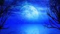 3D Halloween night background with moonlit landscape