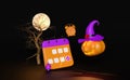 3d halloween pumpkin holiday party with calendar, marked date, full moon, notification bell, candle light in pumpkin, purple witch