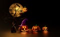 3d halloween pumpkin holiday party with full moon, flying bats, Scared Jack O Lantern and candle light in pumpkin, purple witch