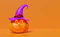 3d halloween pumpkin holiday party with Scared Jack O Lantern and candle light in pumpkin, purple witch pointed hat, minimal for