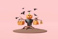 3d halloween scarecrow with bats, pumpkin head, basket, price tags coupon, shopping bag isolated on pink background. halloween day Royalty Free Stock Photo
