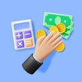 3D Hand with Calculator and Cash Money Royalty Free Stock Photo