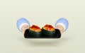 3d hand hold rolled sushi of salmon roe nigiri on food tray, japanese food isolated concept, 3d render illustration