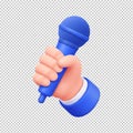 3D hand holding blue microphone in upright position with firm grip, broadcasting performance and public speaking concept Royalty Free Stock Photo