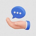 3D hand holding blue speech bubble with three dots above open palm, messaging communication concept for chat and conversation Royalty Free Stock Photo