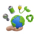 3D hand holding Earth, light bulb with sprout, full battery, plant with plug, recycling sign Royalty Free Stock Photo