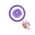 3D Hand Holding Magnifying Glass Over AI Chip on White Background artificial intelligence Royalty Free Stock Photo