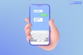 3d hand holding mobile phone chat application icon symbol. Chatting message, QWERTY, Speech bubble, Instant messenger template Royalty Free Stock Photo