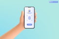 3d hand holding mobile phone scan fingerprint cyber secure icon symbol. recognition identity, biometric authorization security