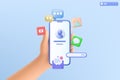 3d hand holding mobile phone social media icon symbol. video and photo gallery, email, Speech bubble, Instant messenger template Royalty Free Stock Photo