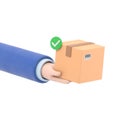 3D Hand holding parcel with check mark. Delivery of order in cardboard box. Fast delivery concept. Mail by courier. Royalty Free Stock Photo