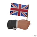 3d hand holds an United Kingdom flag icon isolated on white background. Hand with black sleeve holding flag. 3D vector Royalty Free Stock Photo