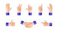 3D hand icons. Arm gestures. Handshake and peace signs. Finger pointing. OK emoticons. Human palm isolated emoji set