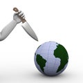3d hand with large knife and globe