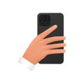 3D hand of man holding mobile phone with camera to make photo, back view of smartphone Royalty Free Stock Photo