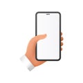 3D hand of man holding mobile phone, showing white blank screen