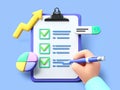 3D Hand Pen on Checklist Clipboard With Arrow, Pie Chart, Search Icon on Light Blue Royalty Free Stock Photo