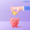 3d hand and piggy bank icon symbol. profit and growth, dollar gold coin. money storage, financial, Money creative business concept Royalty Free Stock Photo