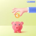 3d hand and piggy bank icon symbol. profit and growth, euro gold coin. money storage, financial, Money creative business concept. Royalty Free Stock Photo