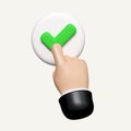 3D hand presses green button with check mark. Accepting, agree concept. Finger selects successful, correct answer. icon Royalty Free Stock Photo