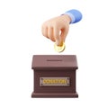 3d hand puts gold coin in donation box