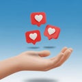 3D Hand Reaching Up to Catch Floating Red Speech Bubbles with White Hearts catching Royalty Free Stock Photo