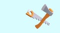 3D hand saw and ax in cartoon style. Woodcutter, carpenter, tourist tools